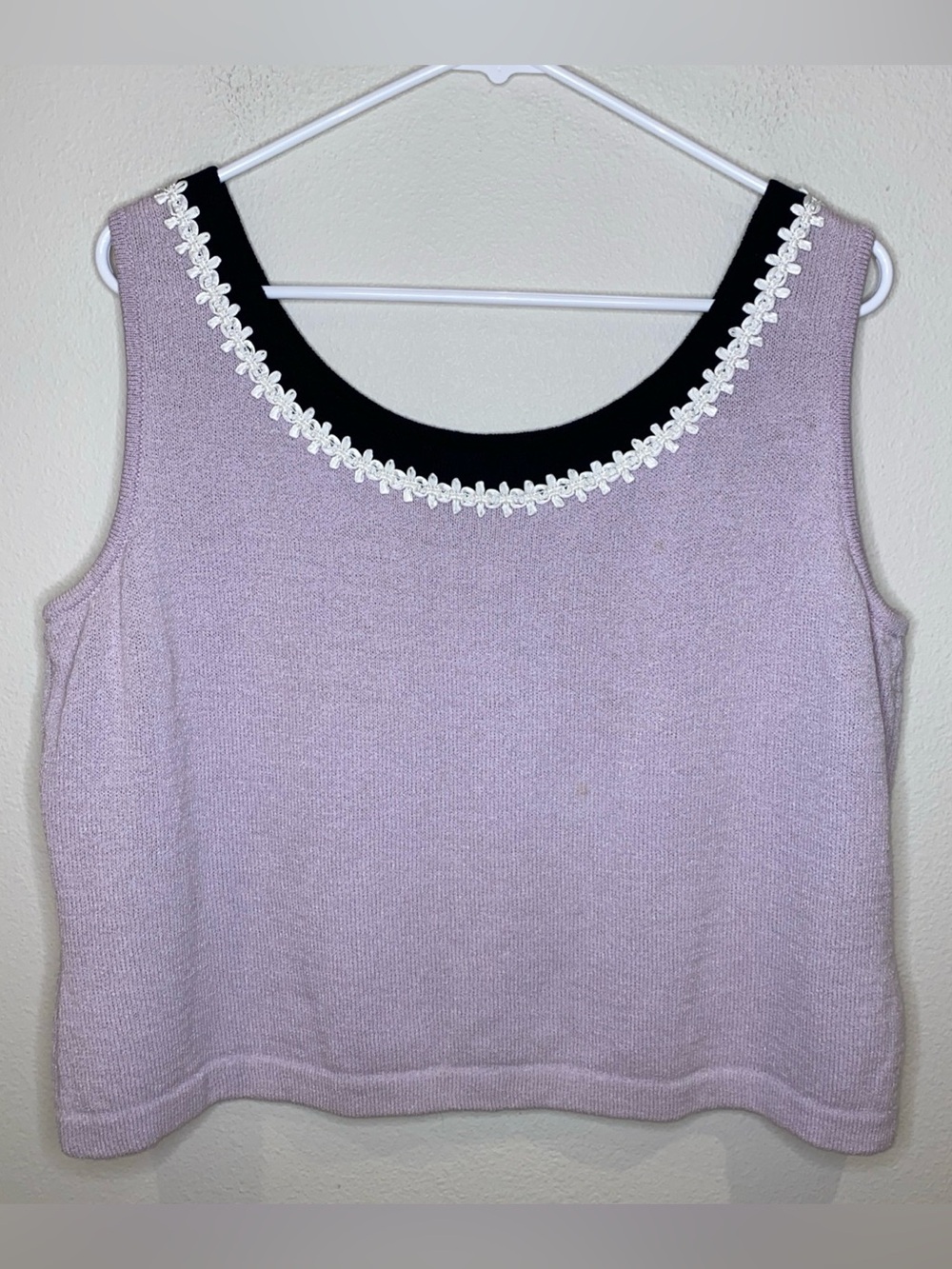 St John Santana Knit Lavender Tank Top Size L Boxy Shell Black & White Trim USA - Picture 2 of 9